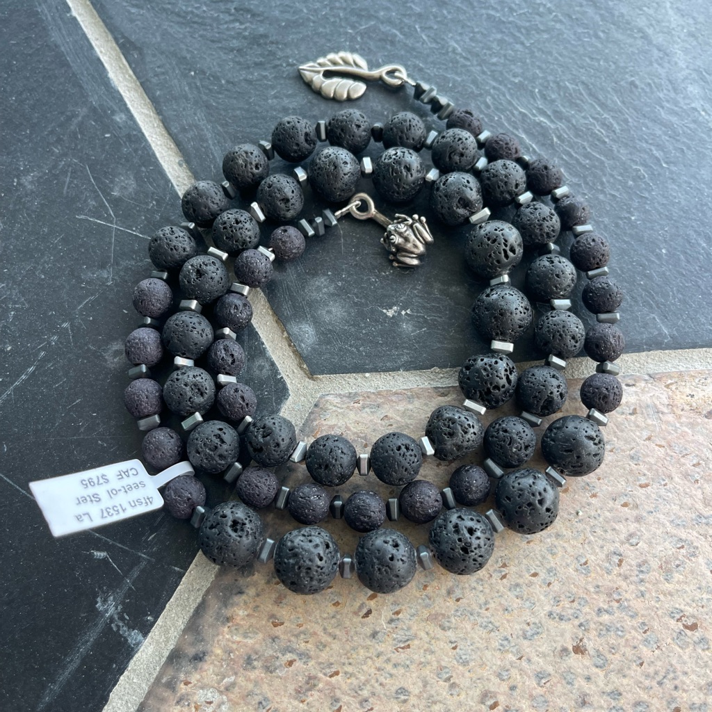 One Of. Kind Black Lava Graduated Beaded Women's Necklace 31”Long.
